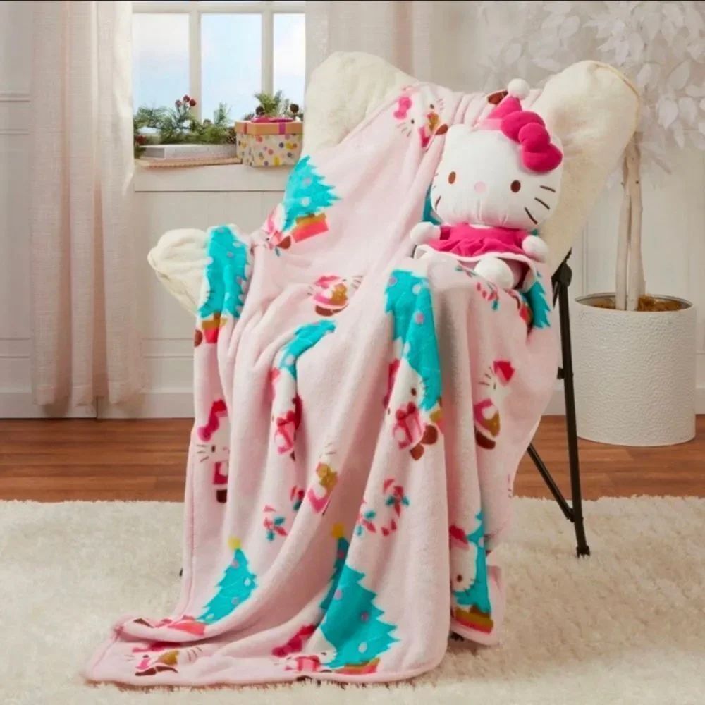 New Hello Kitty Christmas Holiday Character Pillow and Throw Gift Set